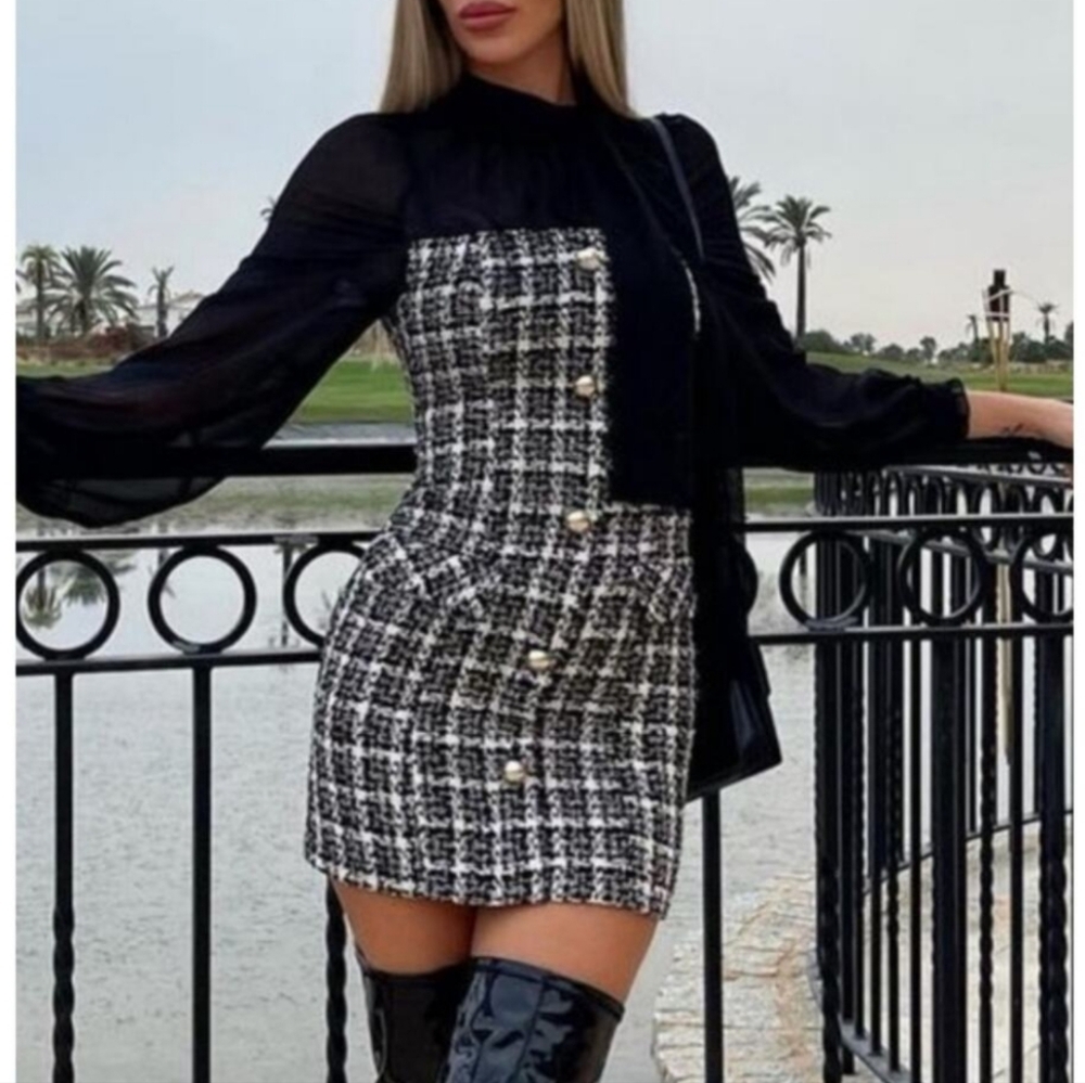 Zara Tweed Dress Sheer Long Sleeve Bow Back Structured Mini Black White Blogger
